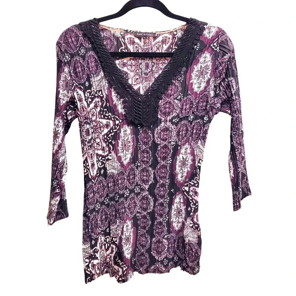 Violet & Claire Vintage Y2K Moroccan Style Black Maroon Pleated Top Blouse M